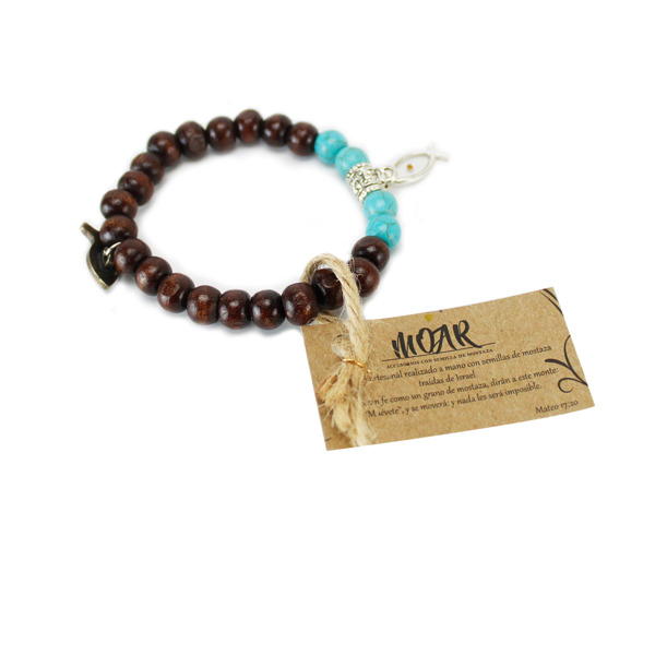 Pulsera Madera Café y Turquesa Con Semilla De Mostaza