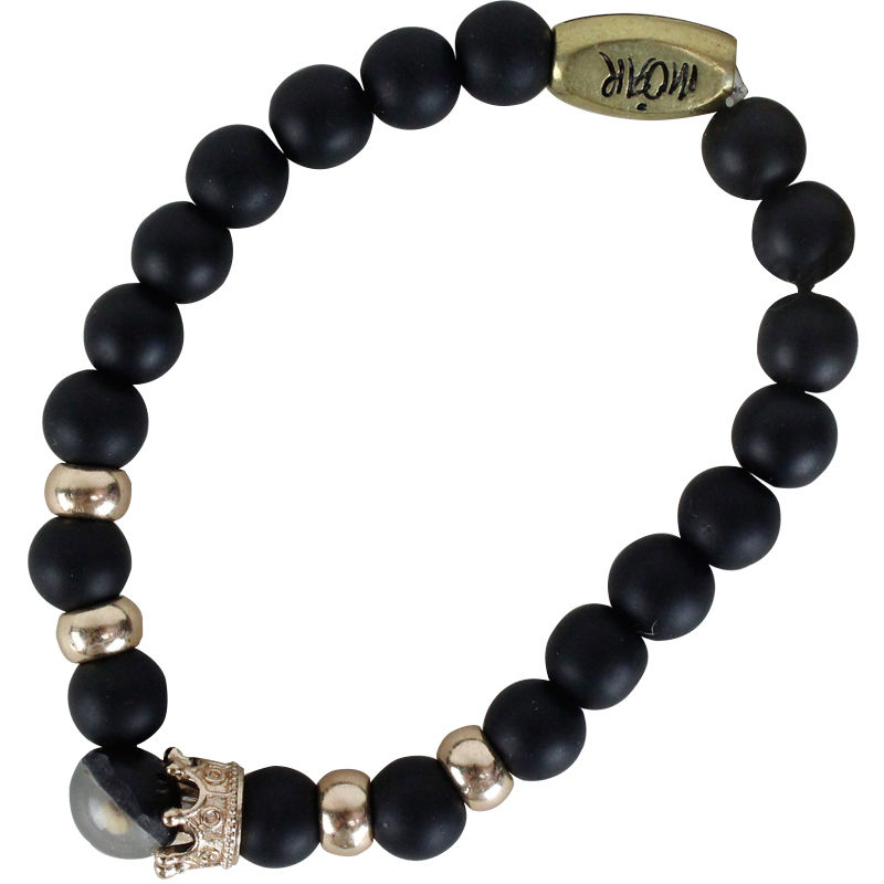 Pulsera Perlas Negras Con Corona Dorada Con Semilla De Mostaza(Plateado))