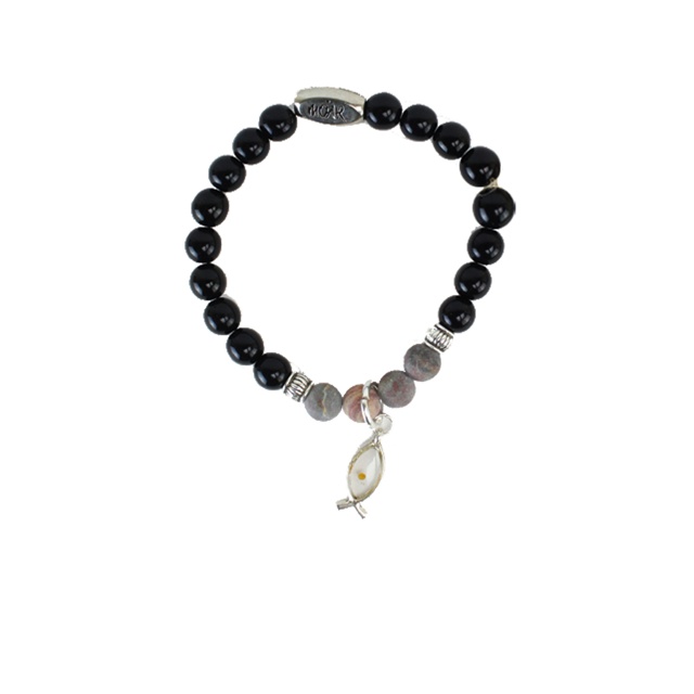 Pulsera Perlas Negras Y Gris Con Semilla De Mostaza