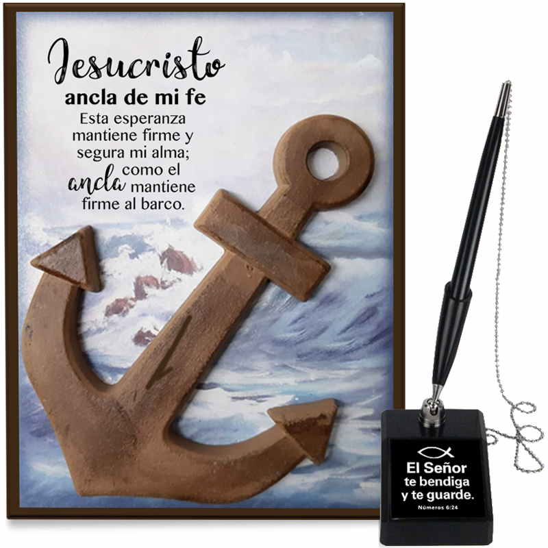 Combo Plaqueta Jesucristo Ancla De Mi Fe + Bolígrafo Con Base