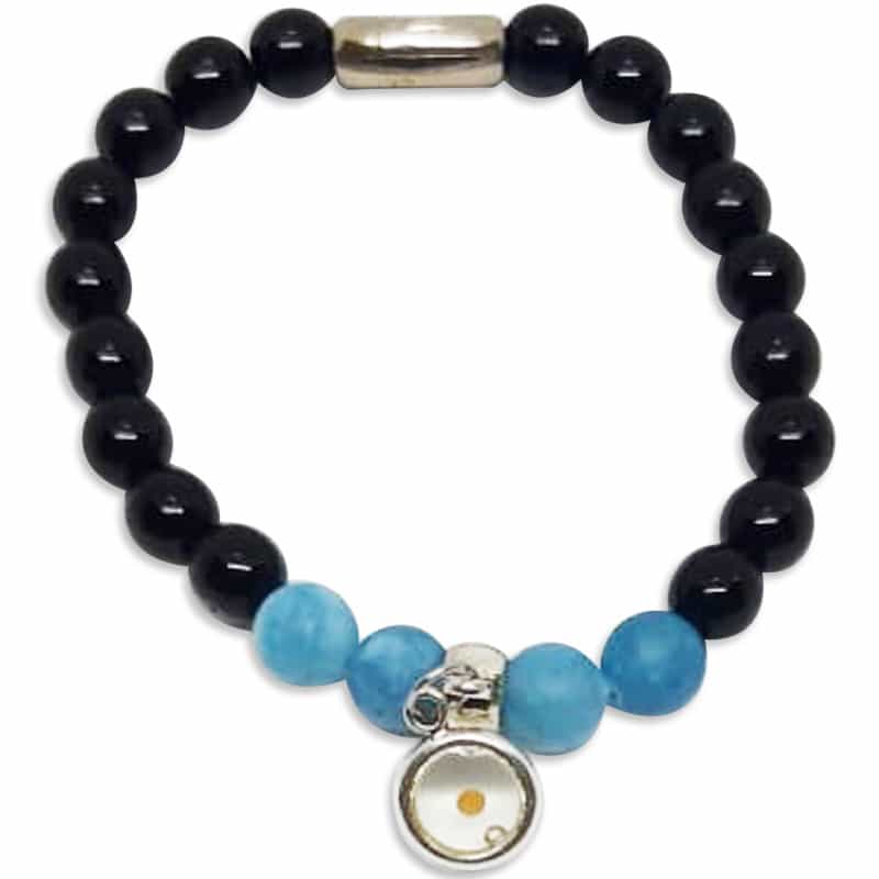 Pulsera Color Negra Con Perlas Azules Y  Semilla De Mostaza 