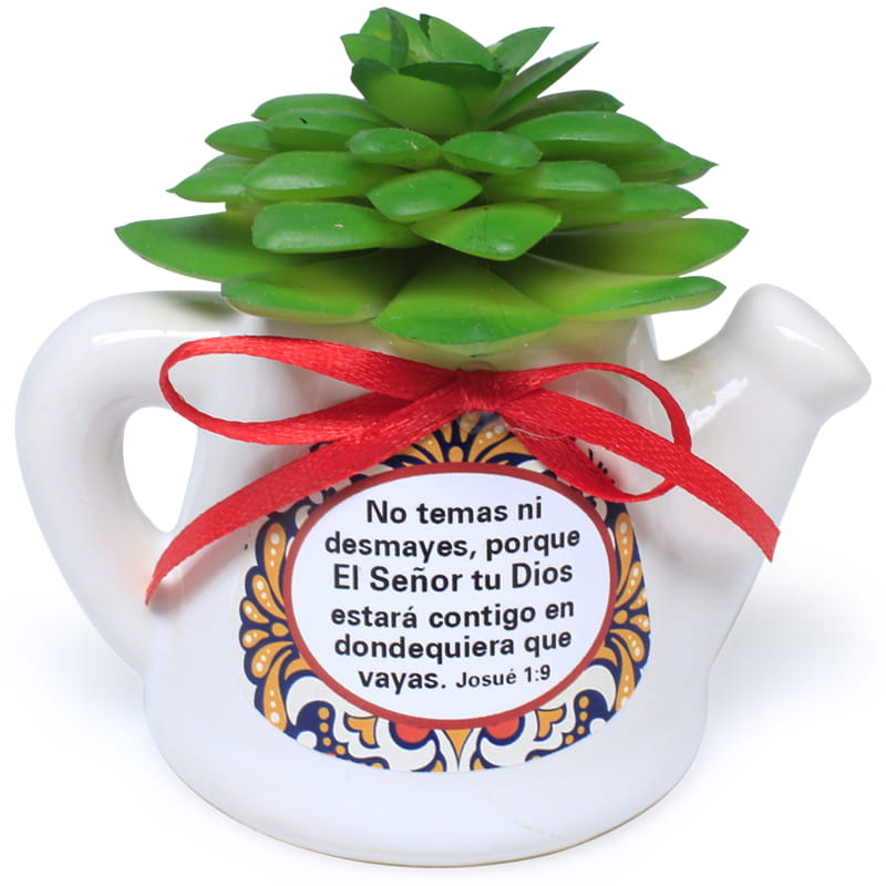 Maceta De Cerámica En Forma De Jarrilla Con Planta Suculenta  Texto: Josué 1:9