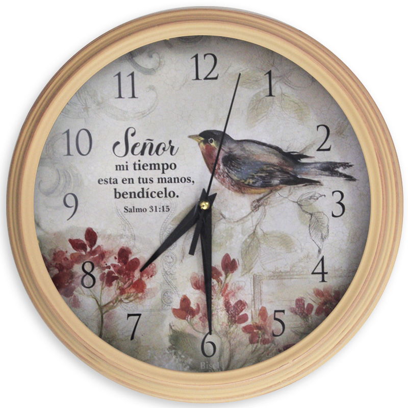 Reloj De Pared Redondo Rosado, Salmo 31:15 Diseño de Pajarito.