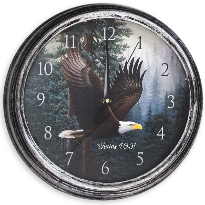 Reloj De Pared Redondo Plateado, Isaías 40:31 Diseño Águila En Pinabete
