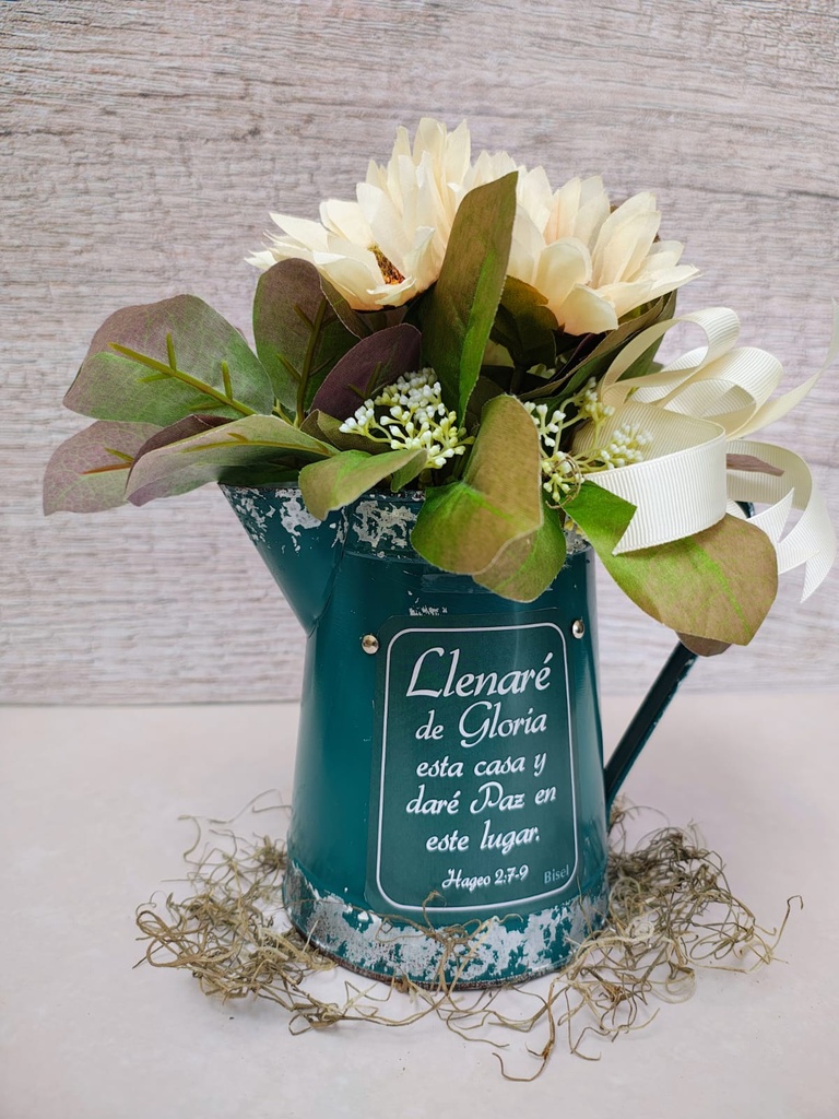 Jarilla De Metal Color Verde Con Flores  "Llenaré De Gloria Esta Casa" Hageo 2:7-9