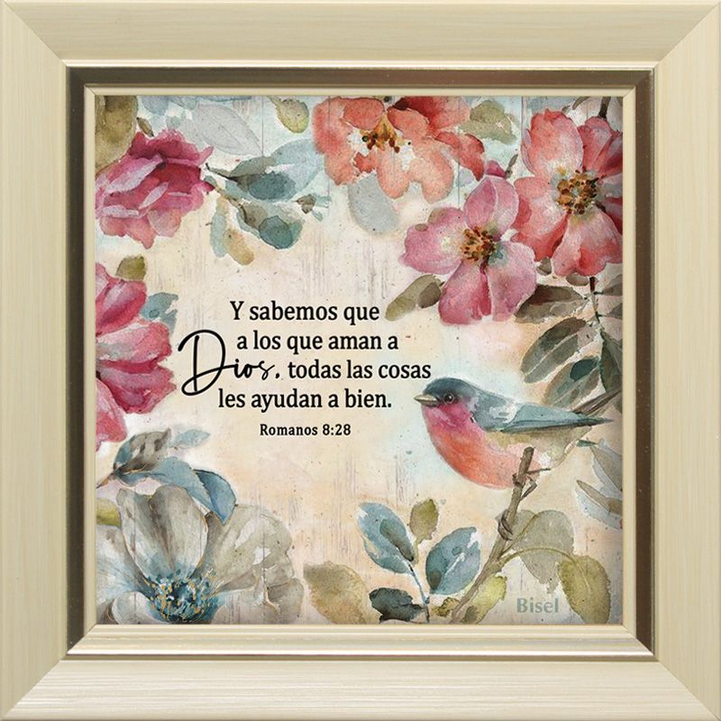 Cuadro Para Escritorio Marco Color Ivory Diseño "Pajarito" Texto: Romanos 8:28