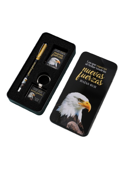 Bolígrafo + Llavero + Tarjeta En Caja Metálica Isaías 40:31