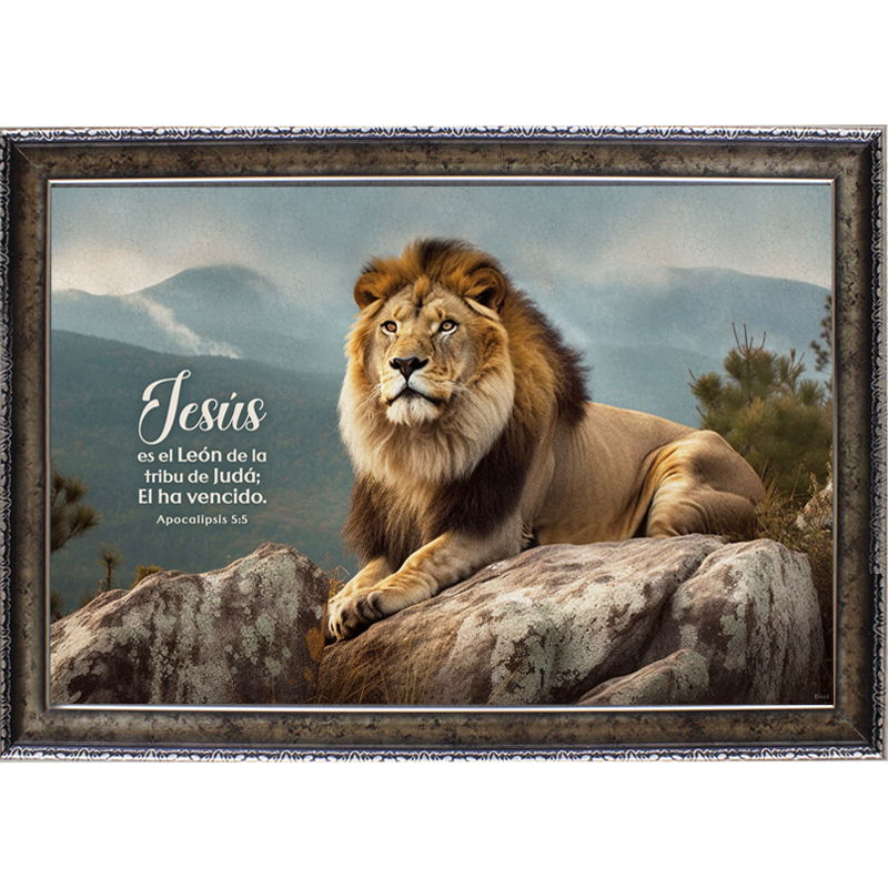 Cuadro Con Marco Dorado Diseño "León En Roca" Texto: Apocalipsis 5:5