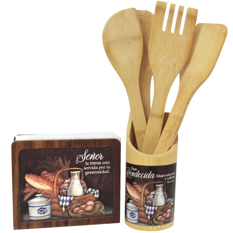 Combo Set De Paletas + Servilletero De Madera Diseño: Pan Con Leche