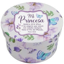 [CAJA-BS021F9] Caja Redonda Diseño: Flores Moradas Con Fondo De Color Blanco Texto: Mateo 28:20