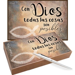[COMBO-1068D] Combo Con Dios Todo Es Posible Mateo: 19:26 Incluye 1 Plaqueta Para Escritorio + Bolígrafo + Llavero