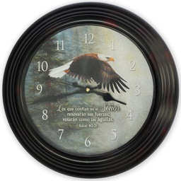 [WATCH-BS059F] Reloj De Pared Redondo Color: Negro Diseño Aguila En Vuelo Texto: Isaías 40:31