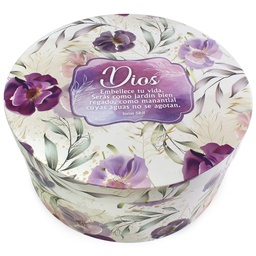 [CAJA-BS23003D] Caja Redonda Diseño De Flores Color Moradas Texto: Isaías 58:11