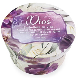 [CAJA-BS23003J] Caja Redonda Diseño De Flores Moradas Texto: Isaías 58:11
