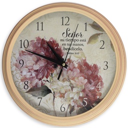 [WATCH-BS057L] Reloj De Pared Redondo Rosado, Salmo 31:15 Diseño de Petunias Rojas.