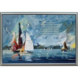 [CART-BS23006F] Cuadro Con Marco Azul Diseño: Barcos Texto: Santiago 1:17