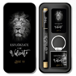 [ABBA-1021] Bolígrafo + Llavero + Tarjeta En Caja Metálica Josué 1:9