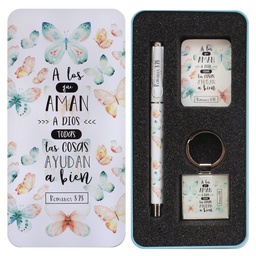 [ABBA-1022] Bolígrafo + Llavero + Tarjeta En Caja Metálica Romanos 8:28