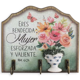 [WOOD-BS23004A] Porta Llaves De Madera  "Eres Bendecida Mujer Esforzada y Valiente"