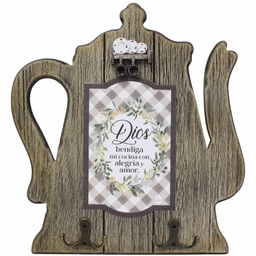[WOOD-BS23006A] Porta Llaves De Madera  En Forma de Jarrilla "Dios Bendiga Mi Cocina Con Alegría Y Amor"