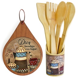 [COMBO-1135] Combo Aislante De Madera  + Set De Paletas Texto: Dios Bendiga Mi Cocina ( Teteras )