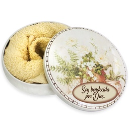 [MET-BS23041A] Caja De Metal Redonda Flores Blancas Soy Bendecida Por Dios