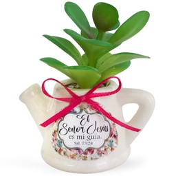 [CERTI-BS21008H] Maceta De Cerámica En Forma De Jarrilla Con Planta Suculenta Salmo 73:24 Jesús Es Mi Guía.