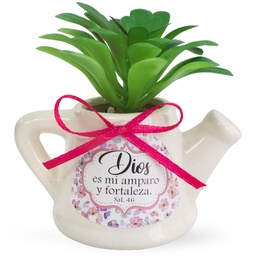 [CERTI-BS21008J] Maceta De Cerámica En Forma De Jarrilla Con Planta Suculenta Salmo 46 Dios Es Mi Amparo Y Fortaleza